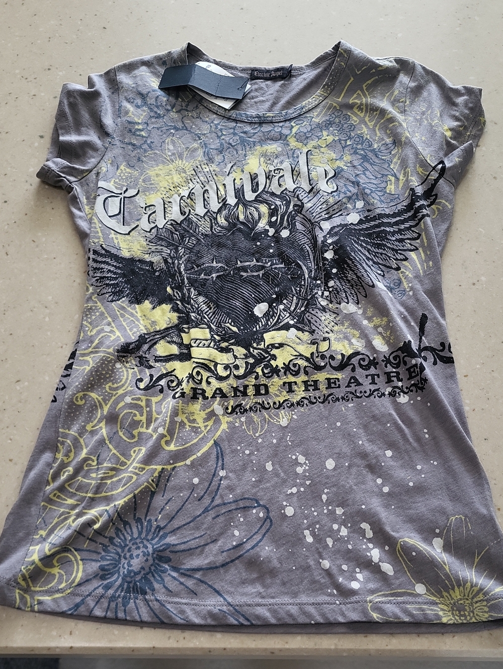 Electric Angel Gray Tee with Yellow Black and Navy Graphic